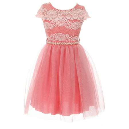 Wedding Dress Cap - Little Girl Cap Sleeve Lace Pearl Tulle Graduation Wedding Flower Girl Dress USA Coral 4 JKS 2133P BNY Corner