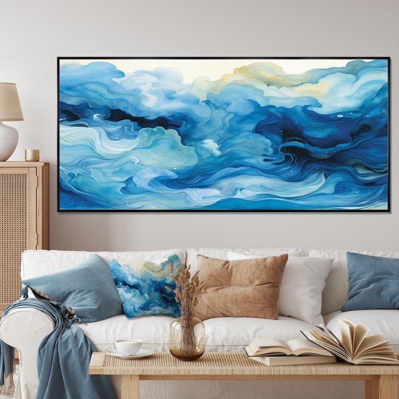 Designart "Symphony of Blue Tidal Ripples" Extra Large Abstract Framed Wall Art - Transitional Blue Abstract Collages Bedroom Framed Canvas Wall Art
