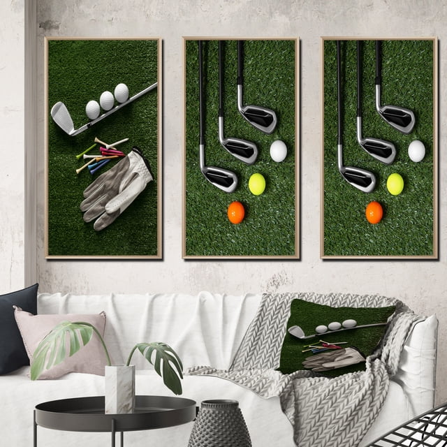 Designart "Excellent Golf Set Swing III" Sports Framed Wall Art Set Of 3 - Green Golf Frame Canvas Set For Living Room Decor