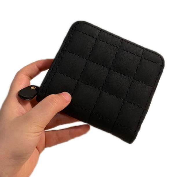 Cartera de piel sintética de gran capacidad, doble pliegue, 8 ranuras para tarjetas, cremallera para llaves y monedas, color negro