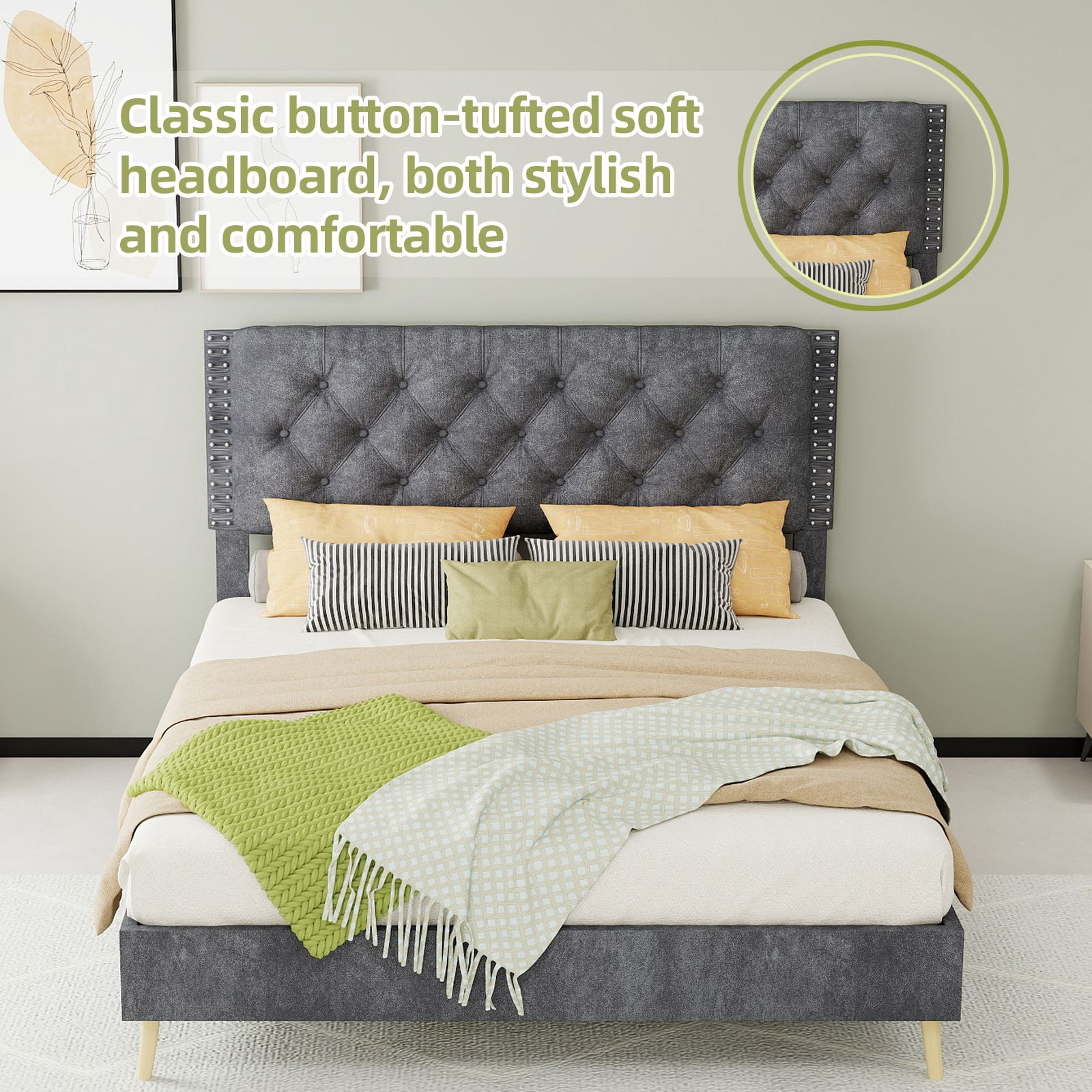 Alvantor Full Size Upholstered Bed Frame with Padded Headboard, Holland Velvet Tufted Gray