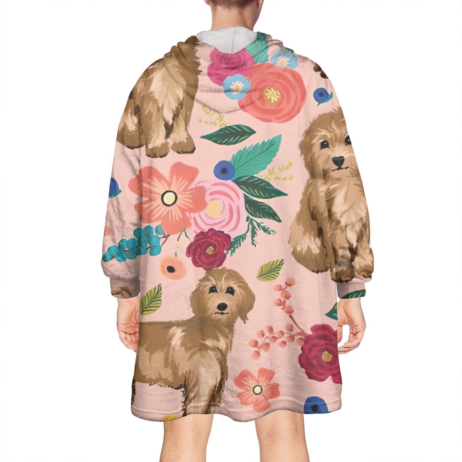 Wearable Oversized Blanket,Dogs with Flowers Wearable Blanket Hoodie for Adults,Cozy Hooded Blankets with Super Pockets,Super Warm Fuzzy Pullover for Women & Men