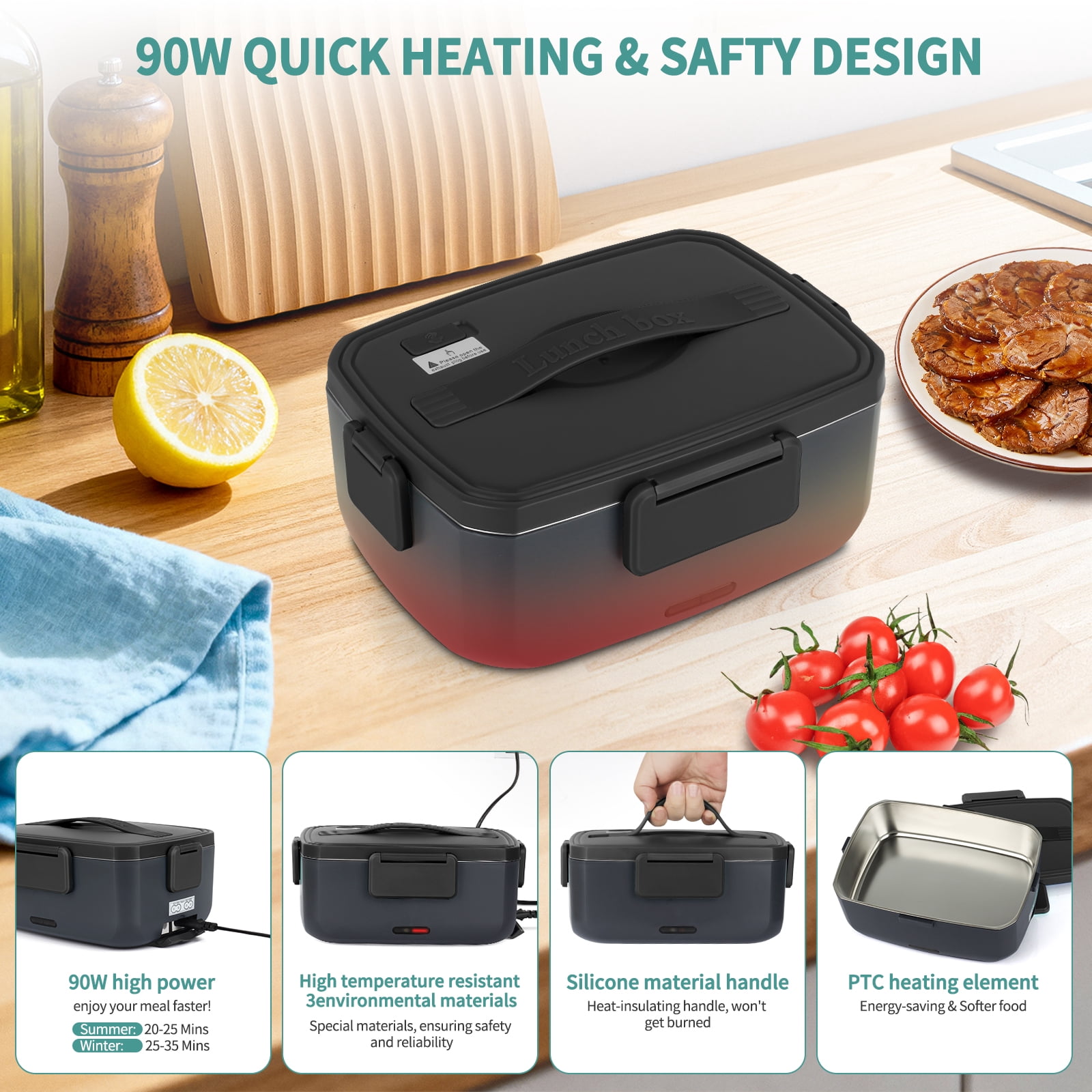 Ocalpur 2L Portable Electric Lunch Box, 110V/12V Car & Home Dual Use, PTC Heating & 304 Stainless Steel, 90W Quick Food Warmer Heated Lunch Box, Leakproof Food Heater for Office, Gray