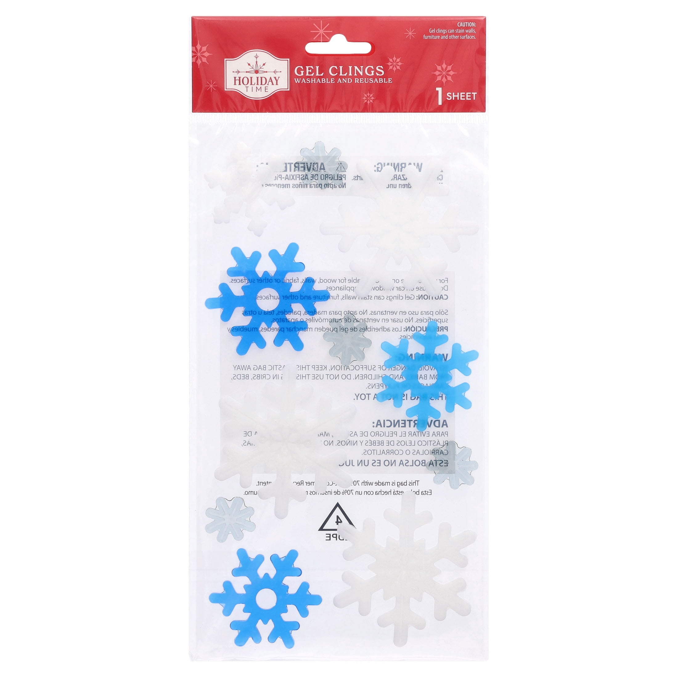 Snowflake Christmas Window Gel Clings, Blue and White, 5.5" x 11.8", by Holiday Time