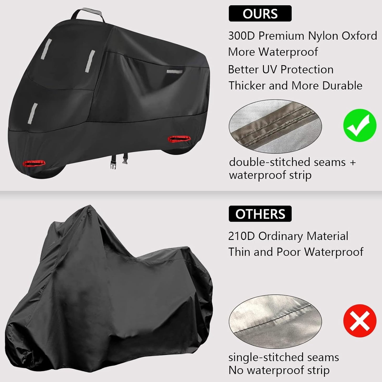 300D Heavy Duty Motorcycle Cover - All Season Waterproof Outdoor Protection with Lock-Holes, Night Reflective & Storage Bag Fits up to Cruiser, Touring, Sportbike, Dirt Bike, Scooter(XXL))