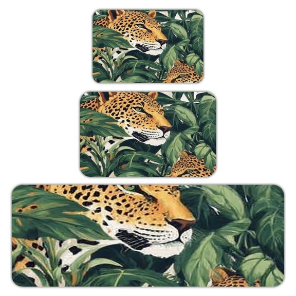 RKSupls Kitchen Rug Set 3 Piece Anti-Slip Flannel Floor Mats, Leopard Jungle Leaves Washable Absorbent Runner Mats for Kitchen Bathroom Home Decor