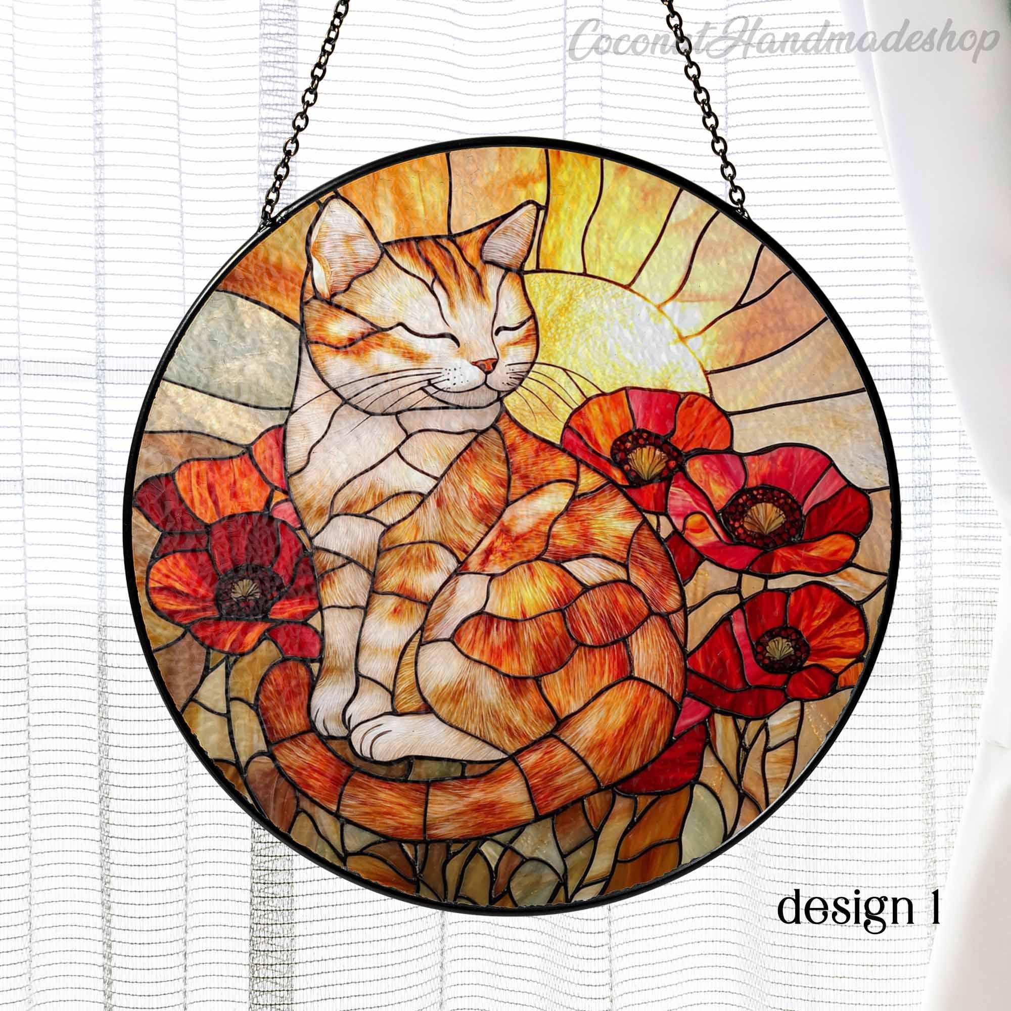 New Orange Cat with Poppy Flower Stained Glass Suncatcher, Mothers Day Gift for Mom Cat, Munchkin Cat Window Decor, Cat Lover Gift, Cat Mom Gift