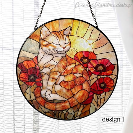 LV Gifts - Orange Cat & Poppy Suncatcher, Tabby Munchkin Stained Glass Style Decor, Cat Mom Gift