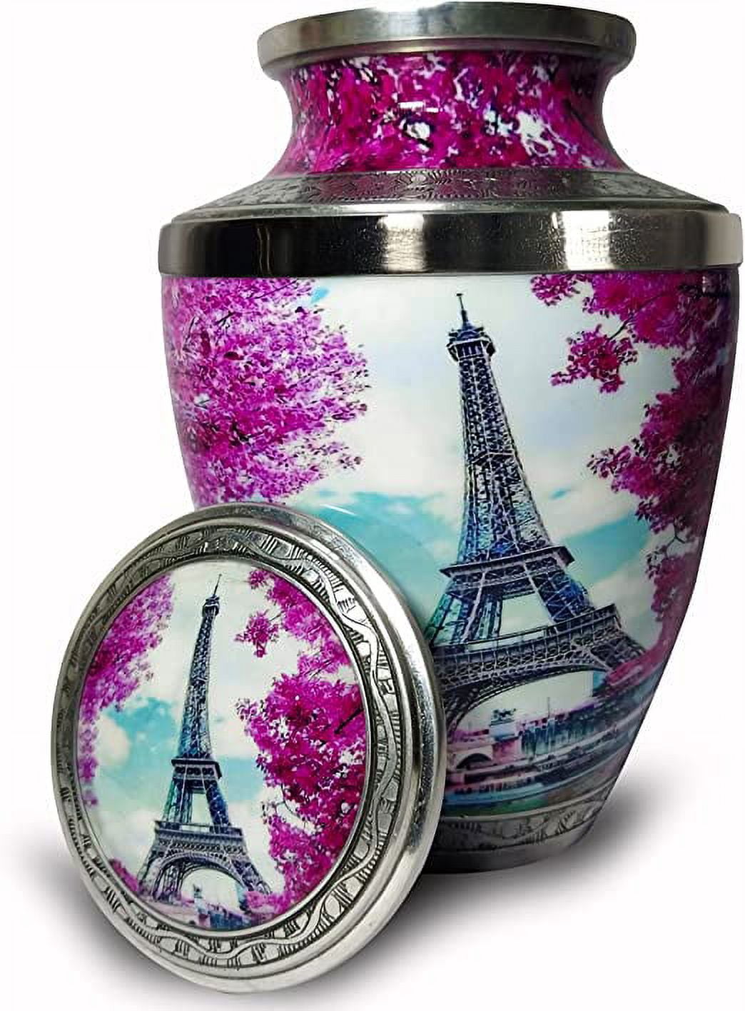 Eiffel Tower Aluminium Cremation Urns Pink Adult Burial Jar Designer Print Funeral Pet Urn for Burial, Niche, or Columbarium Perfect to Honor Your Loved One by MTA OVERSEAS, 6.5 x 6.5 x 10 inch