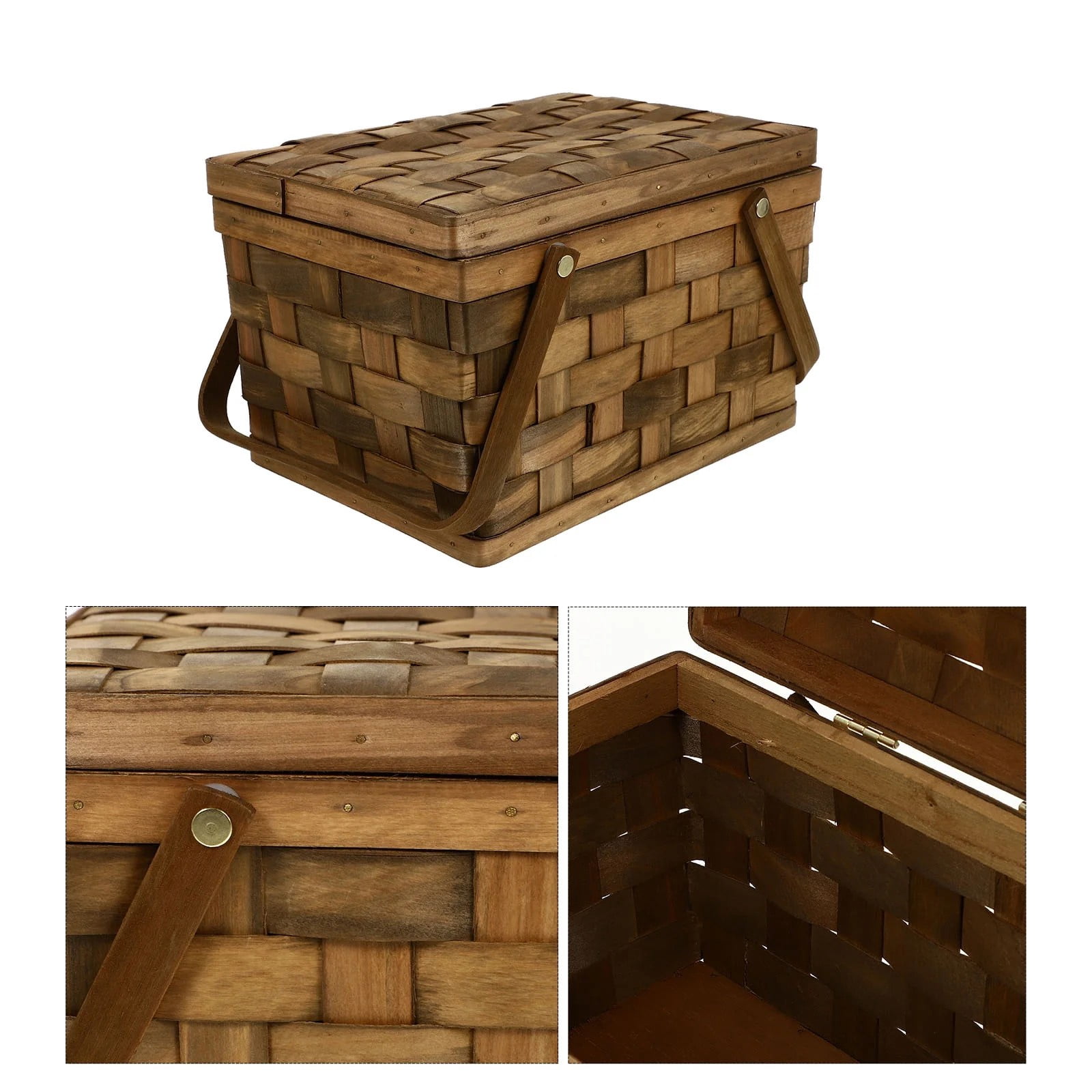 Clearance Ewgqwb Wood Chip Woven Picnic Basket With Lid For Storage Handle Basket Bread Display Basket Wedding Props Basket