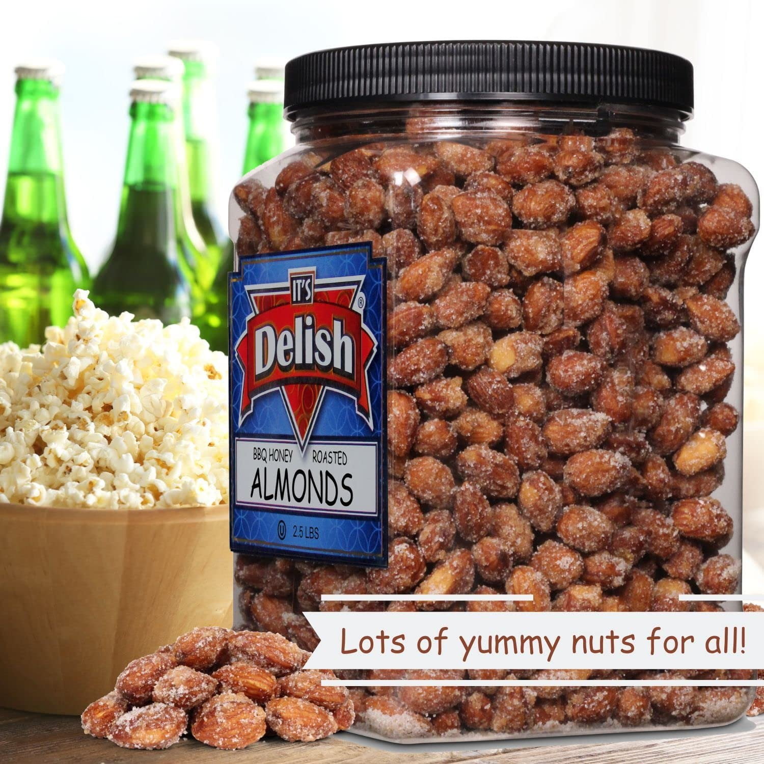 BBQ Honey Roasted Almonds by It's Delish, 2.5 LBS Reusable Jumbo Container  Gourmet Almonds in Honey Sugar Coating and Barbecue Seasoning, Sweet & Savory Seed Snack - Vegan, Kosher Parve