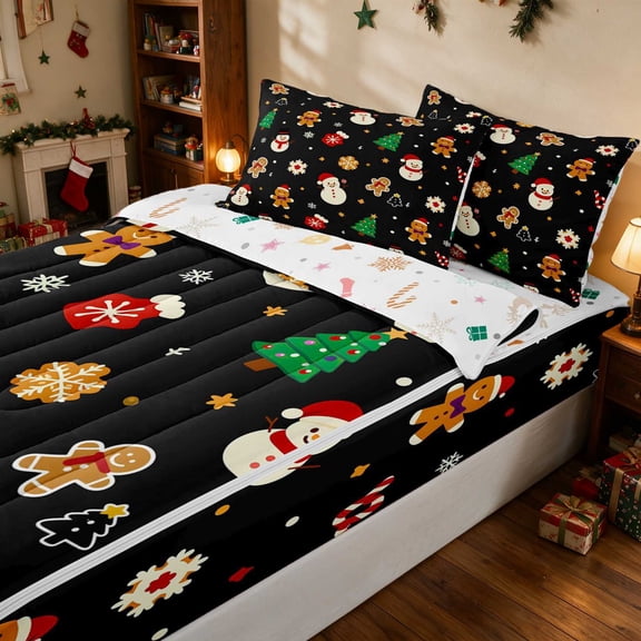 Manfei Santa Zipper Twin Comforter Sets with Fitted Sheet and 2 Pillowcases Holiday Zipper Bedding Set, Pink Red, Xmas Reversible