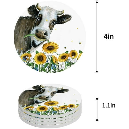 

ZHANZZK Sunflowers Cattle Set of 6 Round Coaster for Drinks Absorbent Ceramic Stone Coasters Cup Mat with Cork Base for Home Kitchen Room Coffee Table Bar Decor