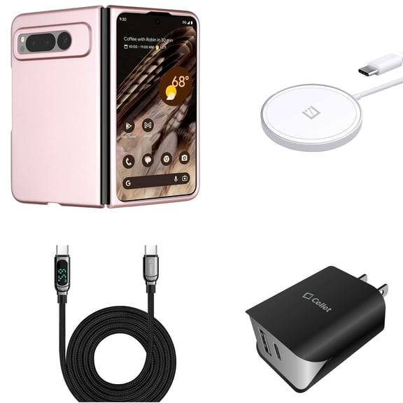 Premium Accessories for Google Pixel Fold - Snap-On Slim Protective Matte Finish Cover Phone Case (Rose Gold), 15W Magnetic Wireless Charger, UL Listed USB-C Wall Charger, Digital USB-C Cable