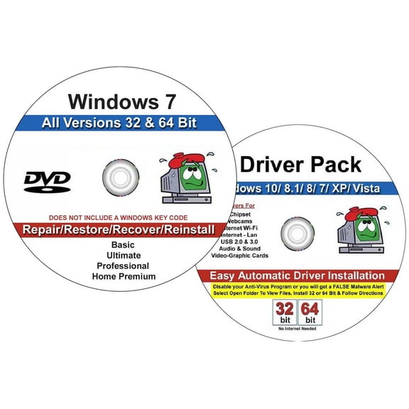 Windows 7 All Versions Repair Recover Restore Re-install 32/64 Bit DVD Plus Drivers Pack
