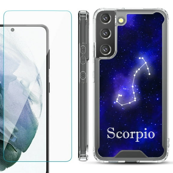Shockproof Bumper Phone Case for Samsung Galaxy S22 5G, with Tempered Glass Screen Protector, by OneToughShield ® - Zodiac / Scorpio