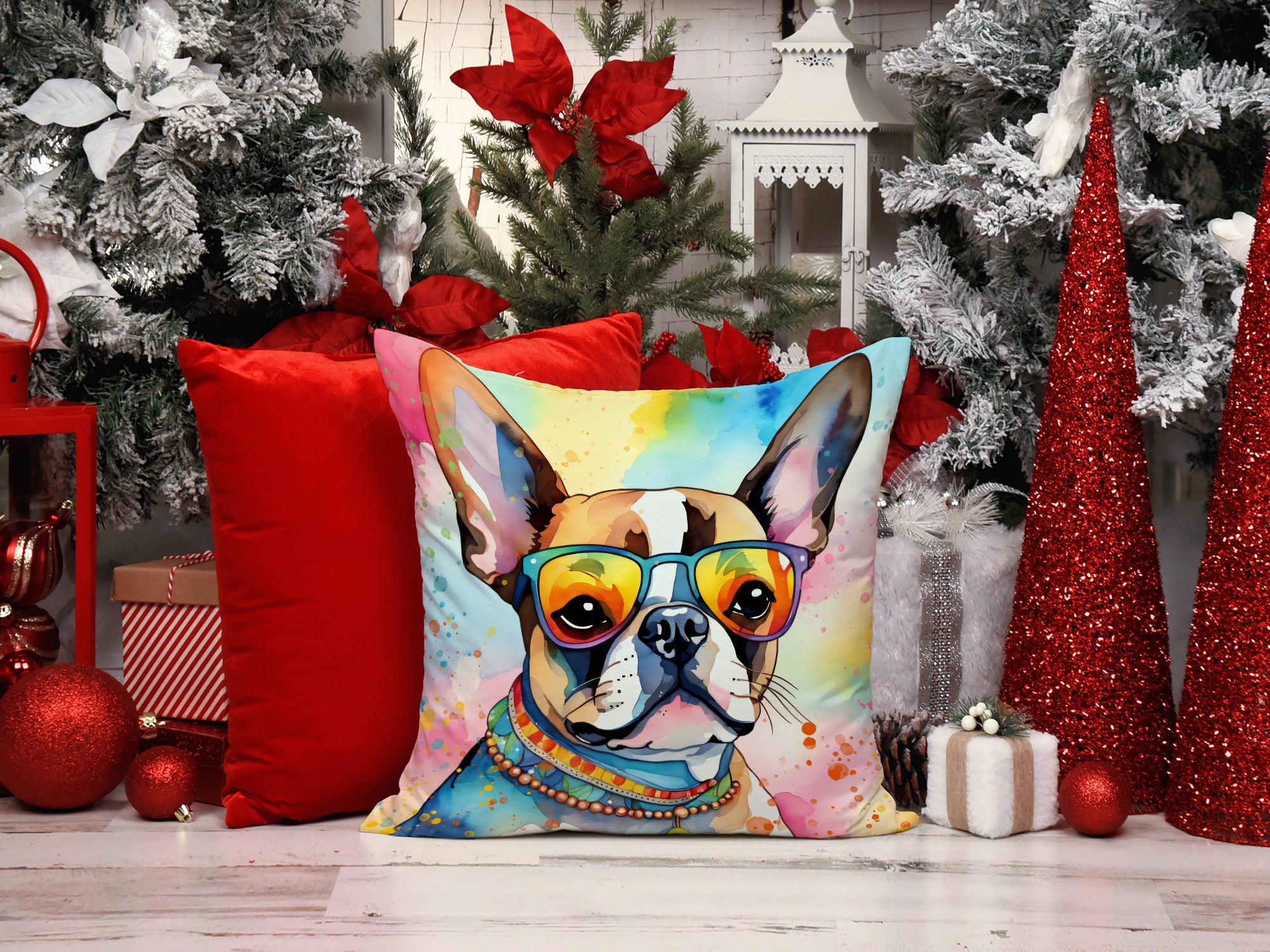 Boston Terrier Hippie Dawg Fabric Decorative Pillow 18 in x 18 in