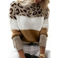 thumbnail image 3 of Suéter de Rayas con Estampado de Leopardo para Mujer, Cuello Redondo, Larga, Tejido con Bloques de Color Marrón Oscuro M, 3 of 5