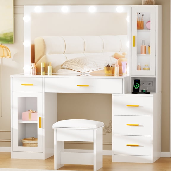 BEWISHOME White Vanity Desk With Mirror & LED Lights, Makeup Vanity Table Set with 5 Drawers & Stool, Makeup Vanity for Bedroom Dressing Room
