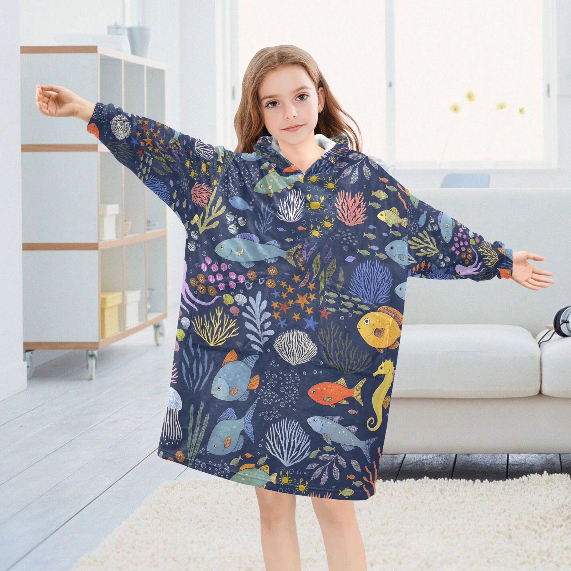 FORMRS Wearable Blanket Hoodie with Sleeves for Kids Cozy Flannel Sweatshirt, Cartoon Ocean Pattern
