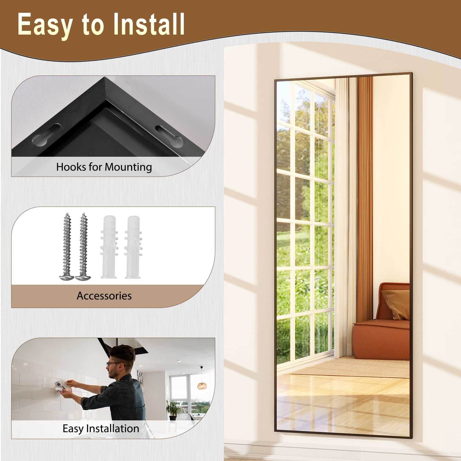 AUROMIR 21"x64" Full Length Rectangle Mirror Full Body Free Standing Floor Mirror, Black