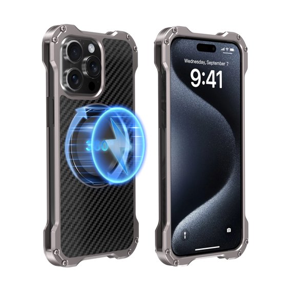 Dteck Magnetic Carbon Fiber Case for iPhone 15 Pro Max with Ring Holder,Compatible with MagSafe,Sturdy Military Grade Protection Shockproof Aluminum Metal Armor Bumper Cover for iPhone 15 Pro Max,Gray