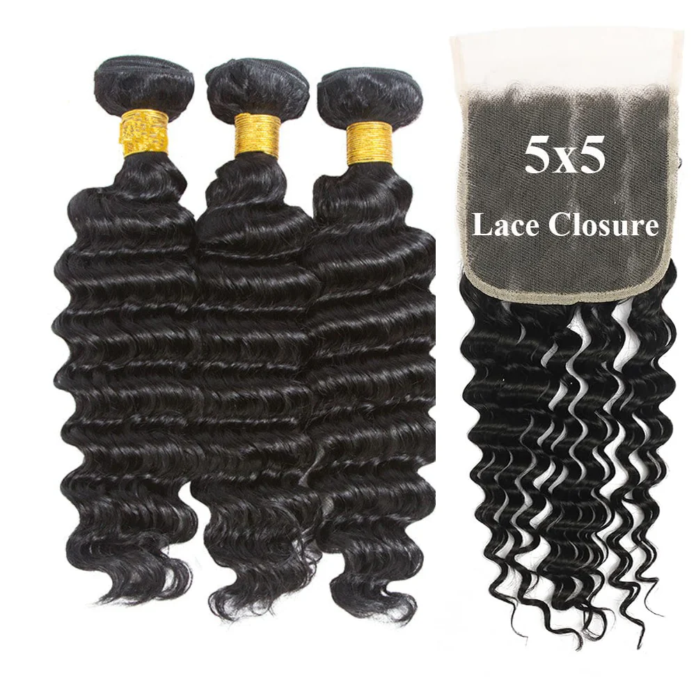 USTAR 5x5 Transparent HD Lace Closure 22 Inch with 3 Bundles Brazilian Virgin Human Hair 26 28 30 Inch, Deep Wave Natural Black Salon-Quality Deal