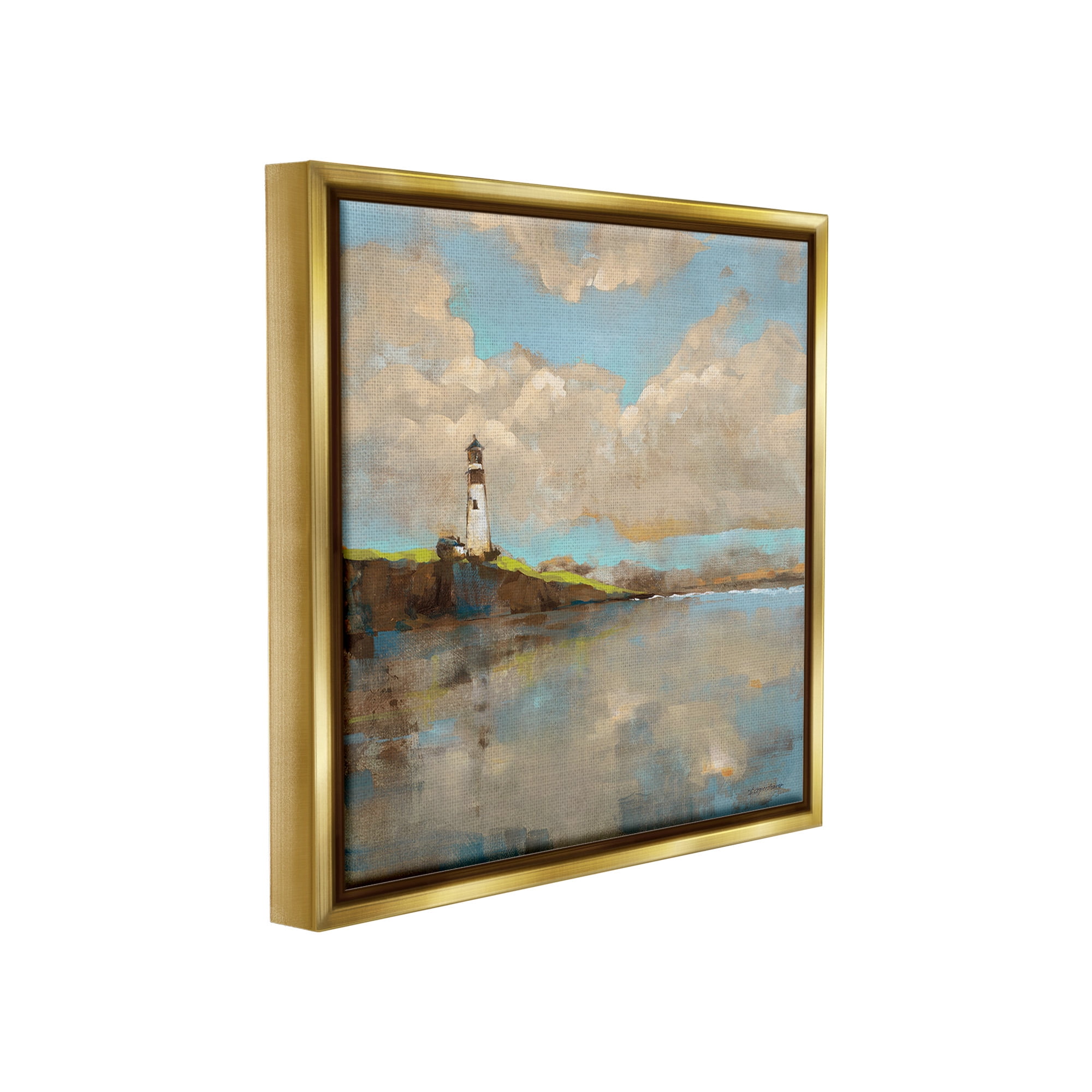 Stupell Industries Lighthouse & Clouds Reflection Landscape Painting Gold Floater Framed Canvas Art Print Wall Art, 18 x 18
