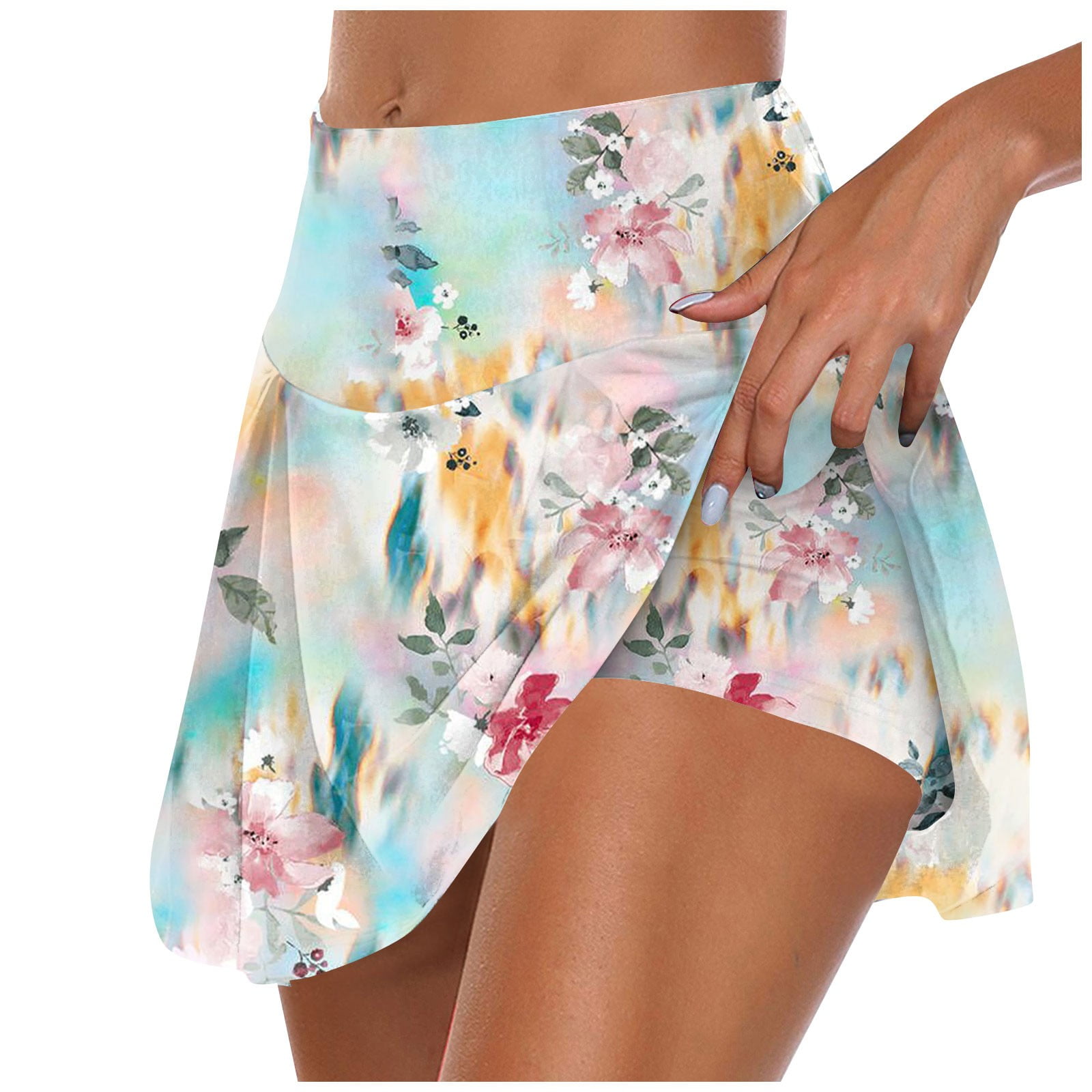 Mlqidk Flowy Skirts for Women Floral Print BuiltIn Shorts Golf Running