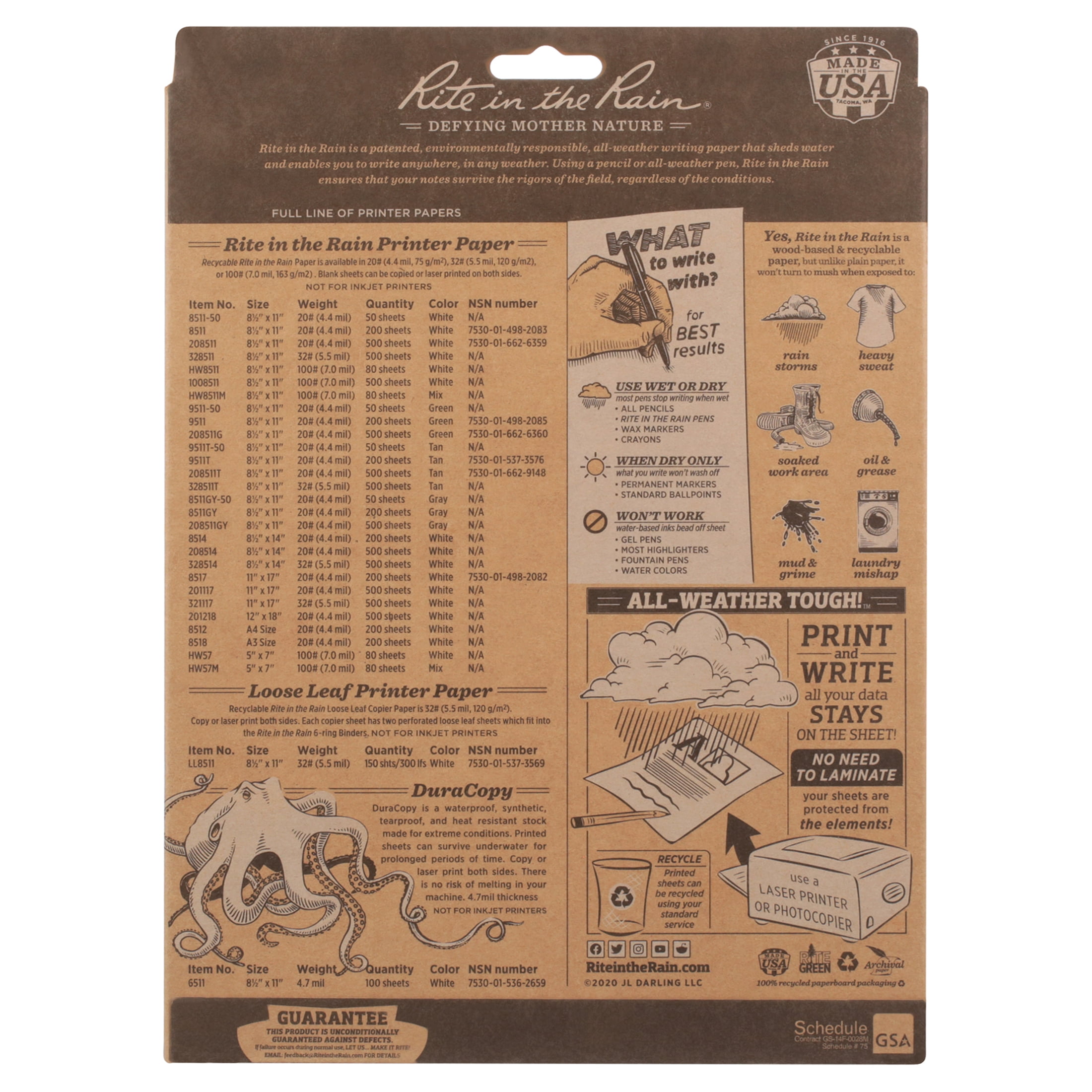 Rite in the Rain Weatherproof Copier Paper, 8.5" x 11", 20# White, 200 Sheet Pack (No. 8511)