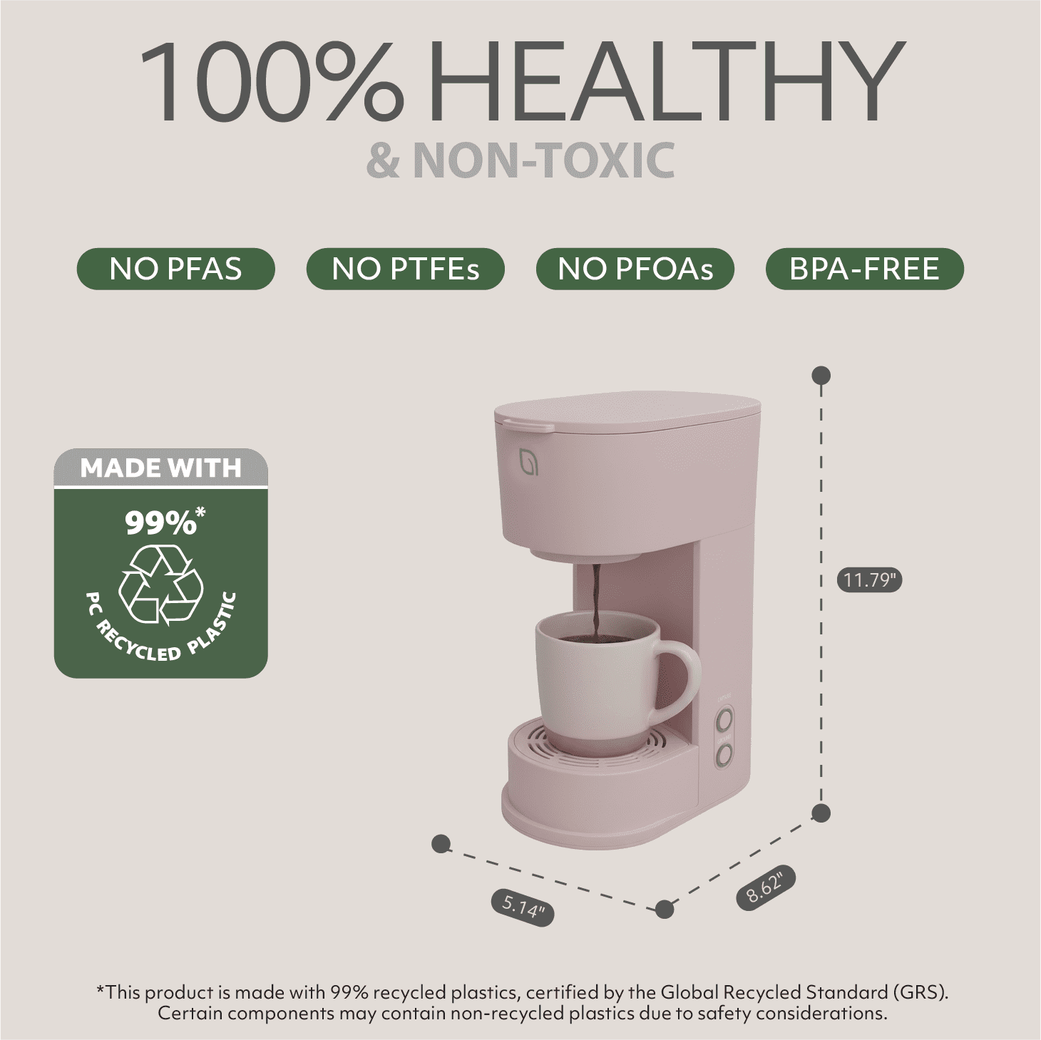 Willow Kitchen Single Serve Coffee Maker Machine for Pods & Grounds with K Cup, Self Cleaning & Small Portable Coffee Maker, Shell Pink
