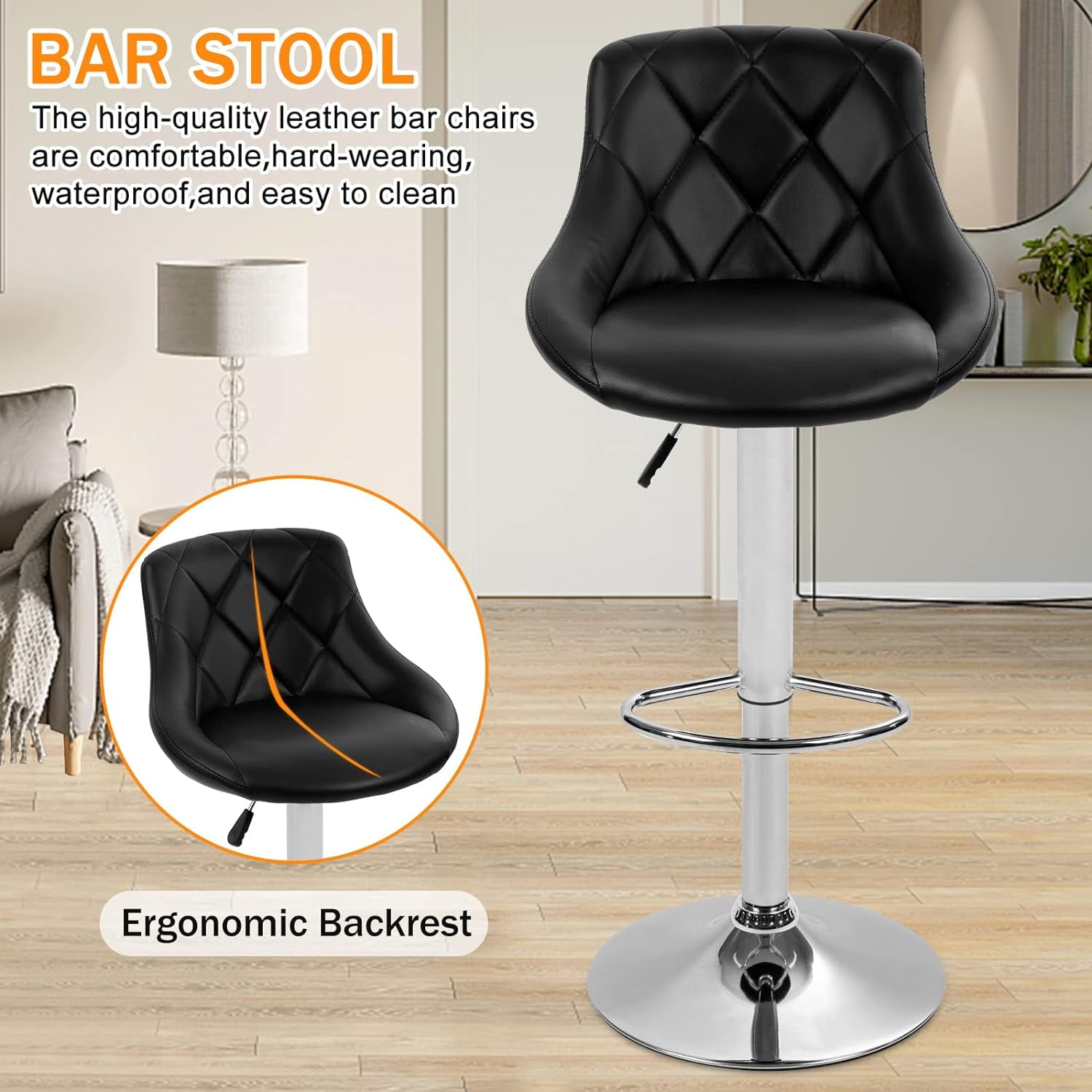 Modern Bar Stools Set of 2 Counter Height Adjustable Bar Chairs with Back and Chrome Base PU Leather Barstools Island Chairs for Kitchen Living Room Pub Swivel Bar Stools (Black)