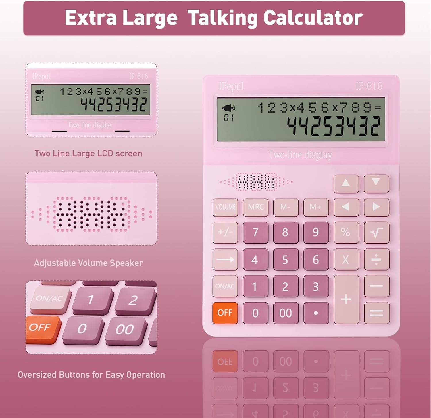Calculators Desktop, Desk Calculator with Large 2 Line Display, Talking Basic big Button & Adjustable Volume, 4 Function for Business, Students,School Office Supplies(Pink)