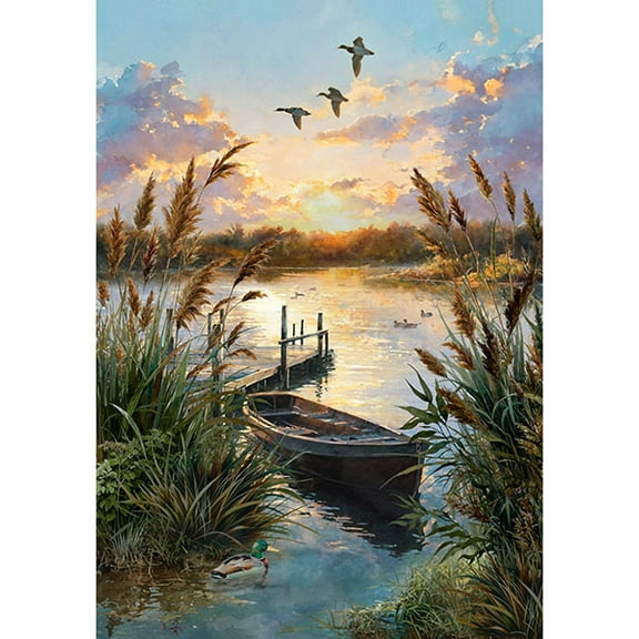 28" X 43" Panel Lakeside Echo Boat Lake Ducks Water Scenic Hoffman California Fabrics Cotton Fabric Panel (X5664-311-LAKE)