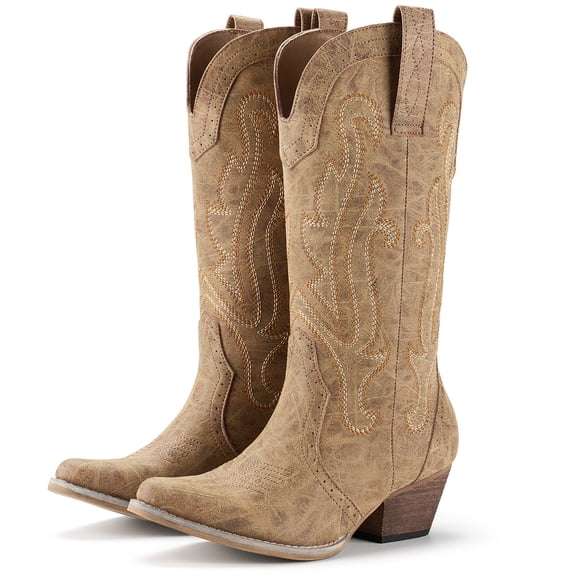 SMILIN Women's Western Cowgirl Boots, Embroidered Pointed Toe Mid-Calf Country Boots, Khaki, Size 8
