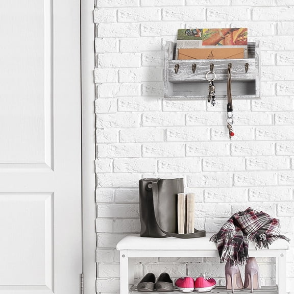 Rustic Wall-Mounted Wood with 5 Key Hooks Key Newspaper Letter Holder Decor,White