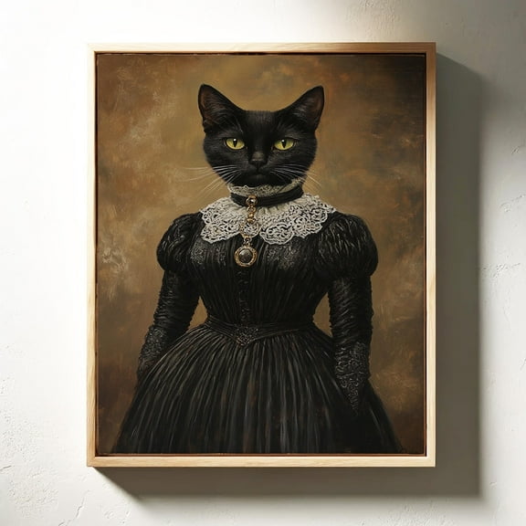 Regal Black Cat Portrait Wall Art In Victorian Dress - Sophisticated And Whimsical Artwork For Cat And Vintage Lovers Wall Art, Modern Wall Decor, 8x12 UNFRAMED