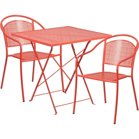The Patio Flash Furniture 28'' Square Indoor-Outdoor Steel Folding Patio Table Set with 2 Round Back Chairs, Multiple Colors ()