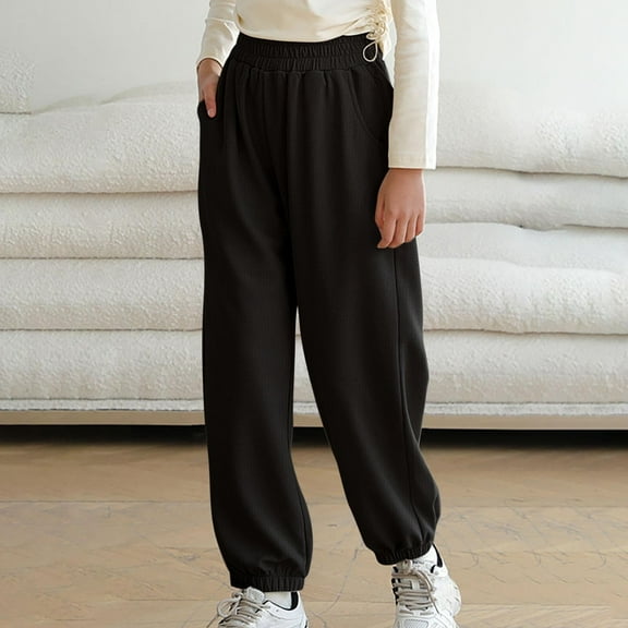 FAIOROI Girl's Cotton Sweatpants for Girls Kids, Black, Size 5 T, Winter Warm, Straight Casual, Loose Long, Elastic Waisted, Leg Straight, Athletic Leggings, Solid Color