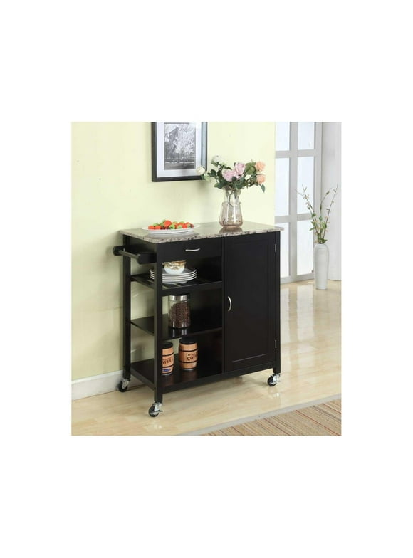 BULYAXIA Black Finish Wood & Marble Finish Top Kitchen Storage Cabinet Cart