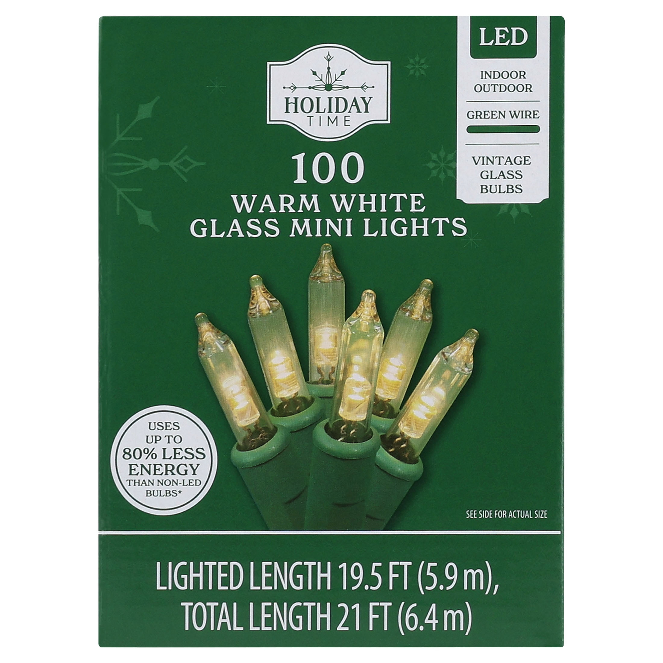Indoor/Outdoor 100-Count LED Glass Mini Christmas String Lights, Warm White, Green Wire, 19.5', by Holiday Time