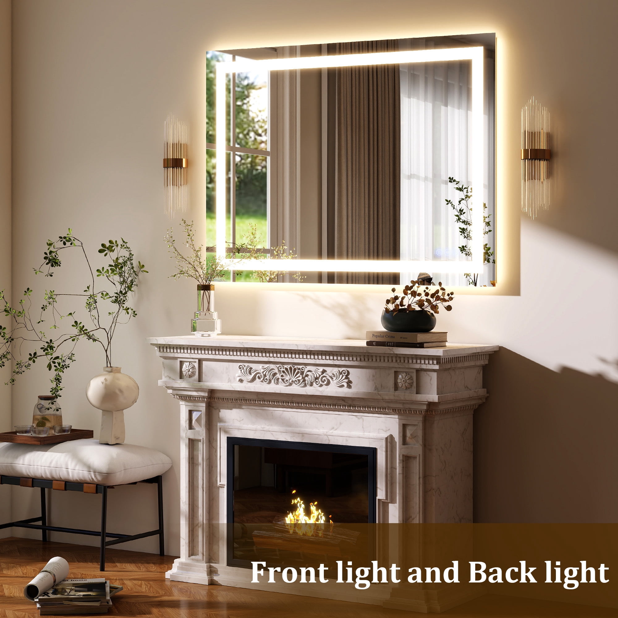 Easy4Home 48"x36" LED Bathroom Mirror Wall Mounted Anti-Fog Vanity Mirror with Adjustable Lights, White