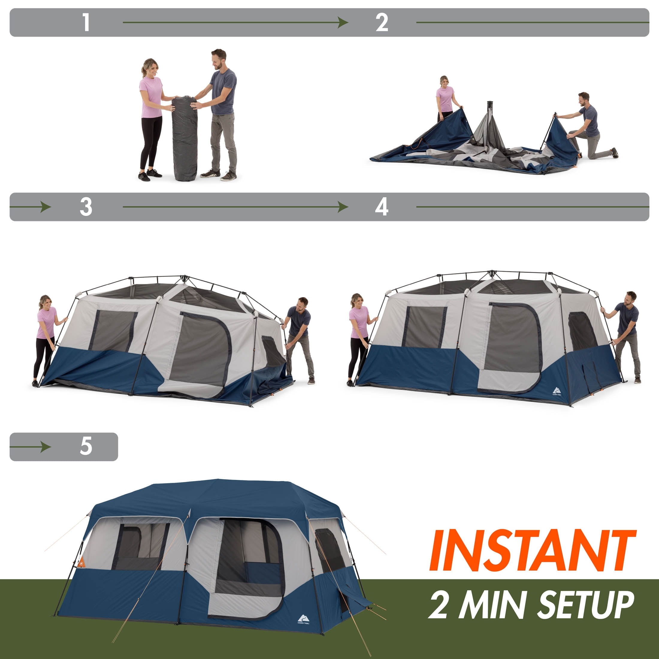 Ozark Trail 8 Person Family Instant Cabin Tent, 13' x 9' x 72", made with recycled materials, blue