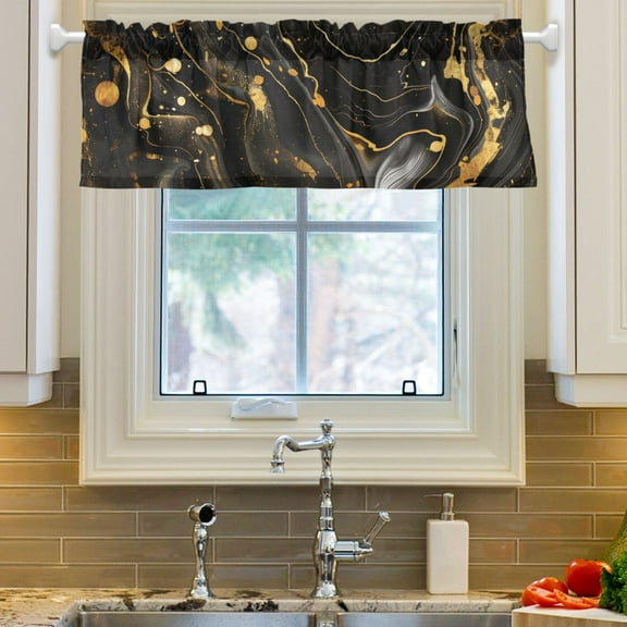 Ryvnso Luxury Black and Gold Marble Window Valance Kitchen Farmhouse Rod Pocket Short Curtain 54x18 inch