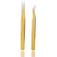 thumbnail image 1 of 2 Pcs Pinces en Acier Inoxydable Doré pour Extensions de Cils, Pinces Droites et Courbées, Outils d'Application de Faux Cils, 1 of 8