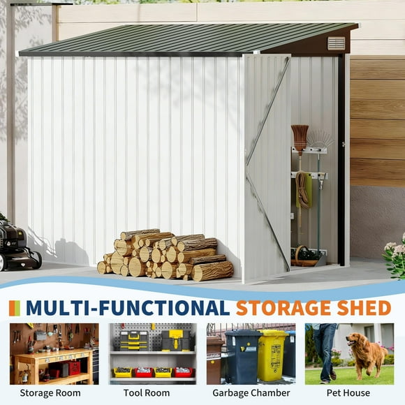 CazToi 4x8 FT Outdoor Metal Storage Shed Galvanized Steel Lean-To Tool Shed with Locking Doors 70MPH Wind Resistant