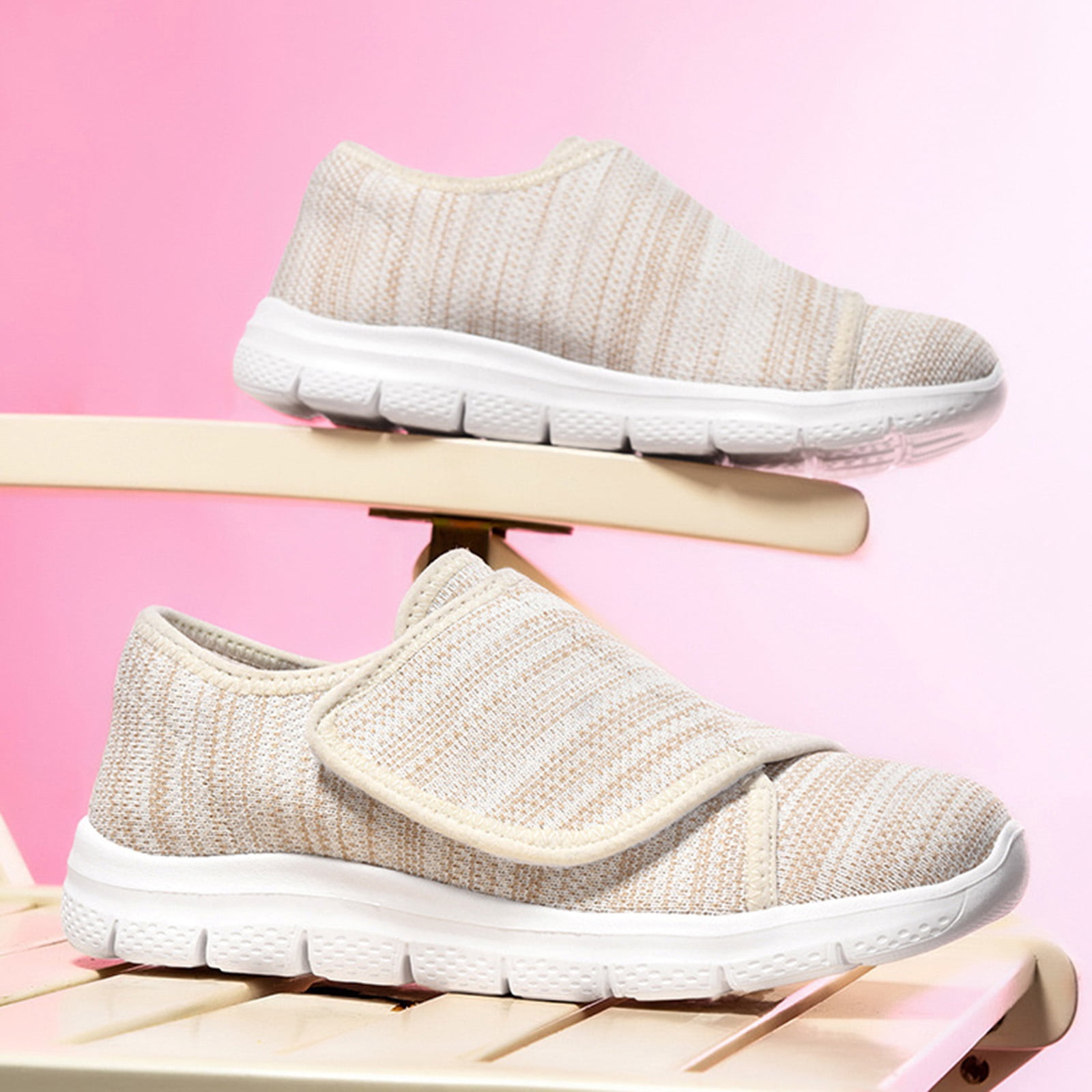 Women's Slip On Canvas Casual Shoes Wide Toe Box Lightweight Sneakers Hook and Loop Non Slip Teenis Shoes Beige Size 9