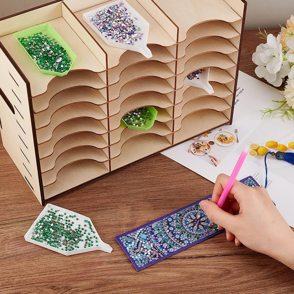 1Set Wooden Rhinestone Trays Storage Box for DIY Diamond Painting Tools Holder Rectangle Floral White Fihished Product: 295x212x122mm