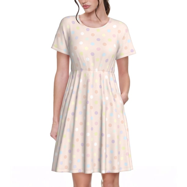 Easygdp Colorful Dots para Vestido Transpirable de Mujer, Vestido Suelto de Manga Corta con Pliegues y Bolsillos para el Verano