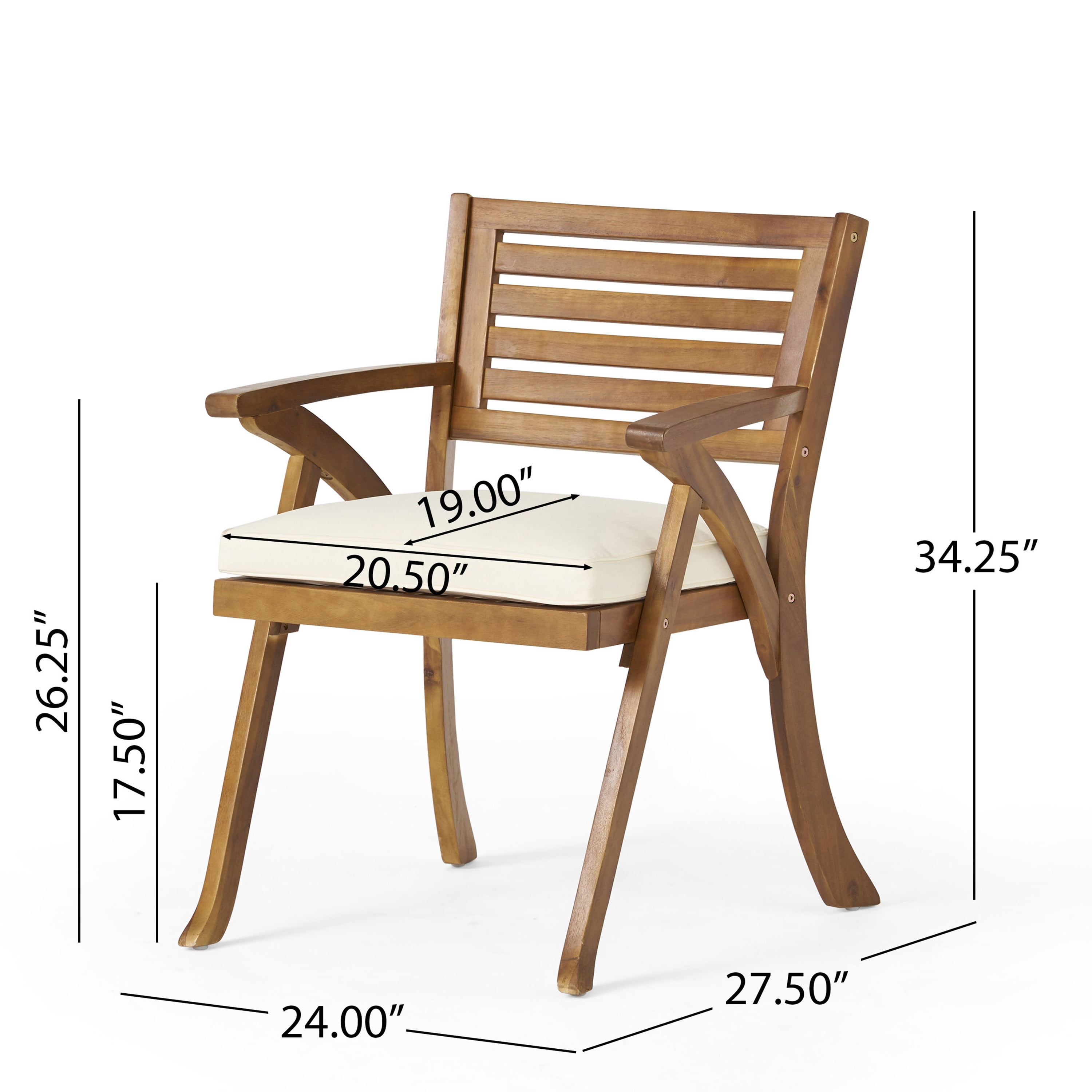 Outdoor Cushioned Wood Frame Dining Chair Set of 2, Comfort Household Seats for Patio Garden, Teak and Cream